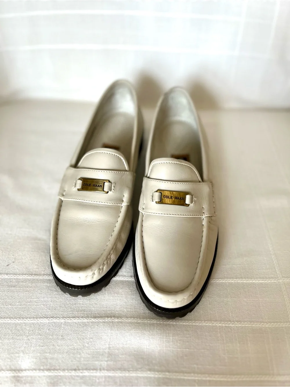 Cole Haan Cream Leather Penny Loafers with Gold Plaque